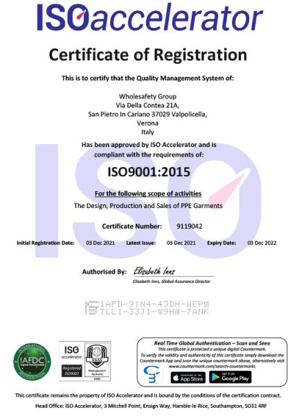 Certificate 9119042 Wholesafety Group ISO9001 - Italy
