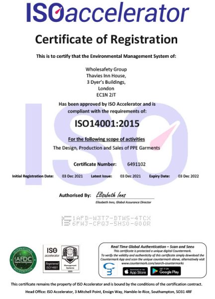 Certificate 6491102 Wholesafety Group ISO14001 - UK