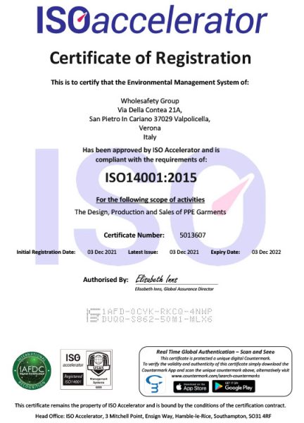 Certificate 5013607 Wholesafety Group ISO14001 - Italy
